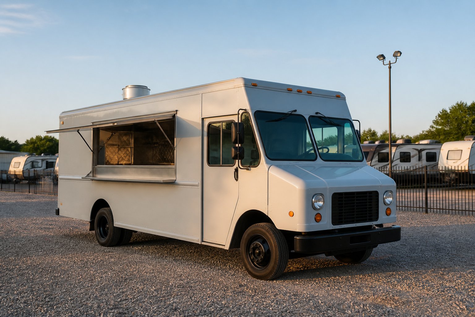 Food truck parked in an outdoor storage lot