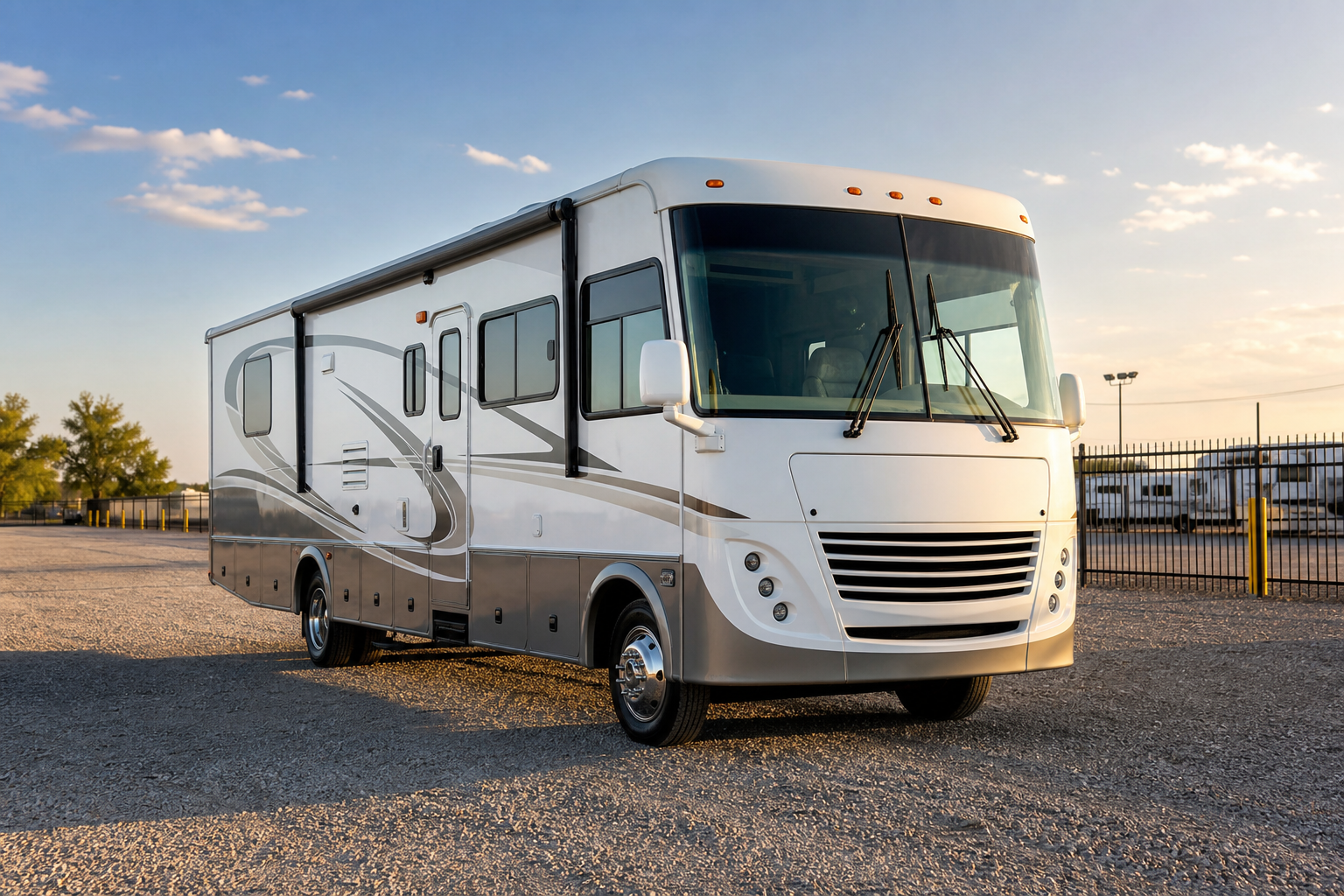 RV parked in an outdoor gravel storage lot