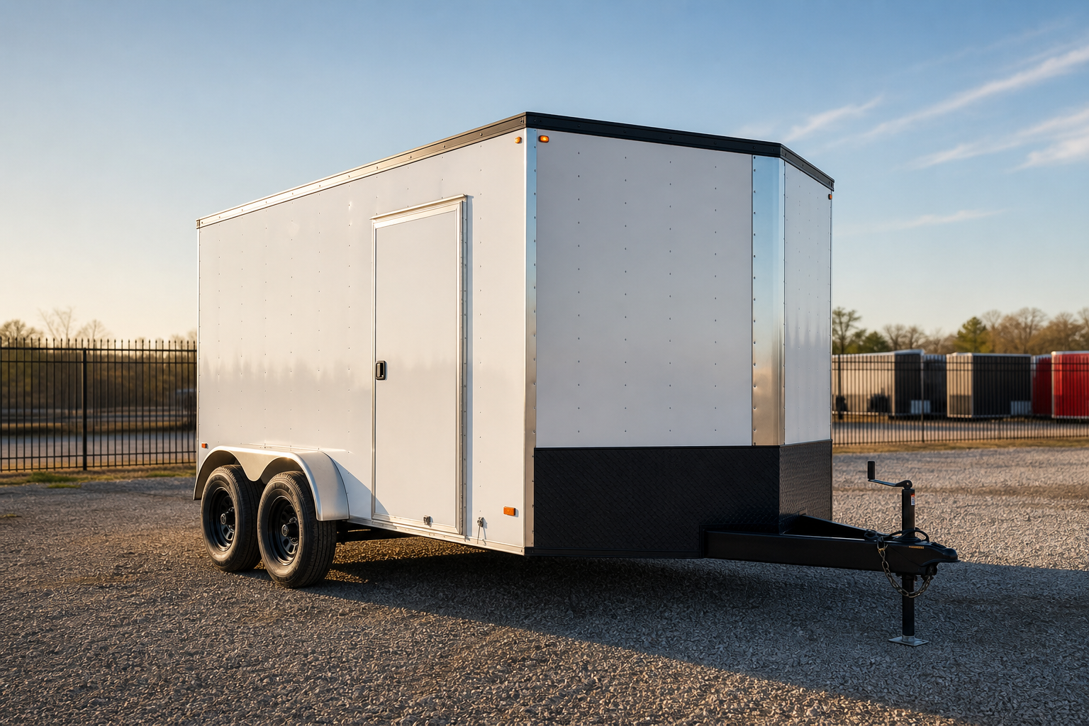 Enclosed work trailer parked in an outdoor storage lot